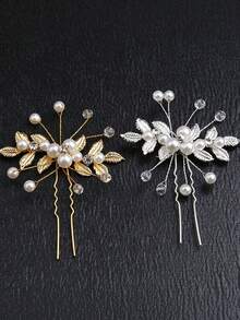 Handmade Faux Pearl Leaf U-Shaped Hair Fork, Gold & Silver Rhinestone Hair Pin, Bridal Wedding Dress Updo Hair Accessory For Party And Banquet Styling - Faux Pearl Hair Fork - View 1