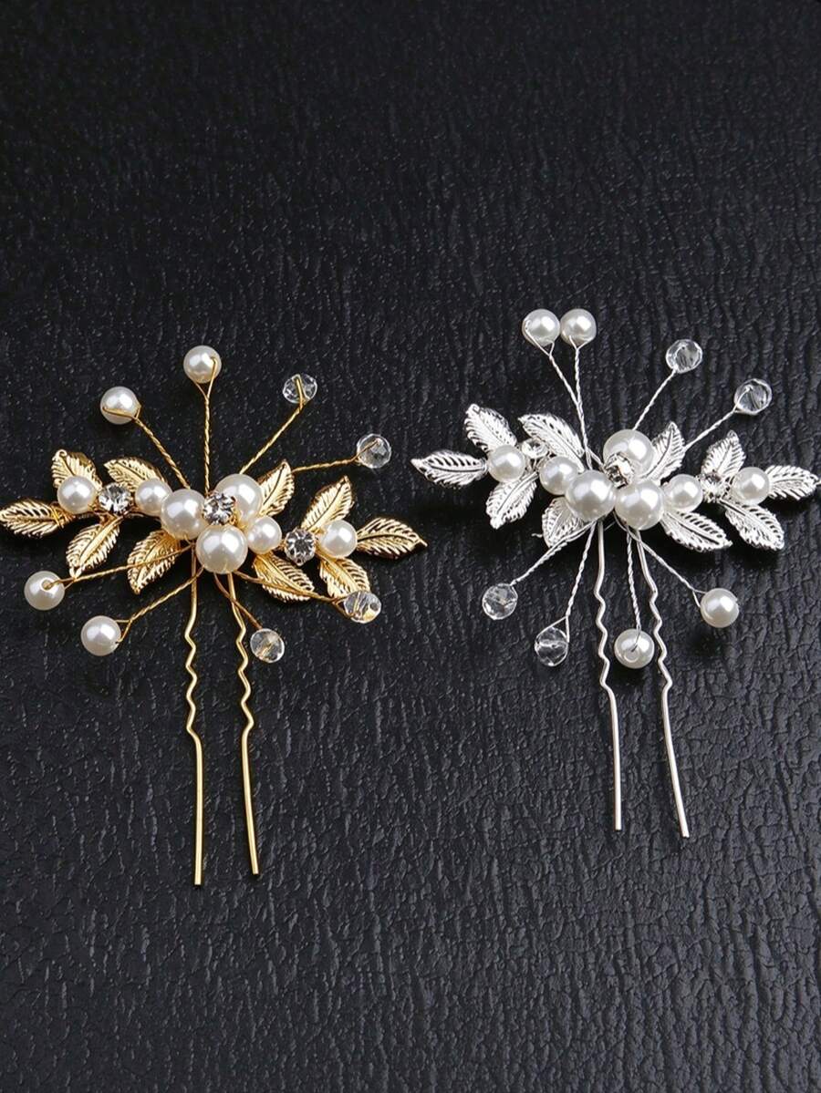 Handmade Faux Pearl Leaf U-Shaped Hair Fork, Gold & Silver Rhinestone Hair Pin, Bridal Wedding Dress Updo Hair Accessory For Party And Banquet Styling - Faux Pearl Hair Fork - View 1