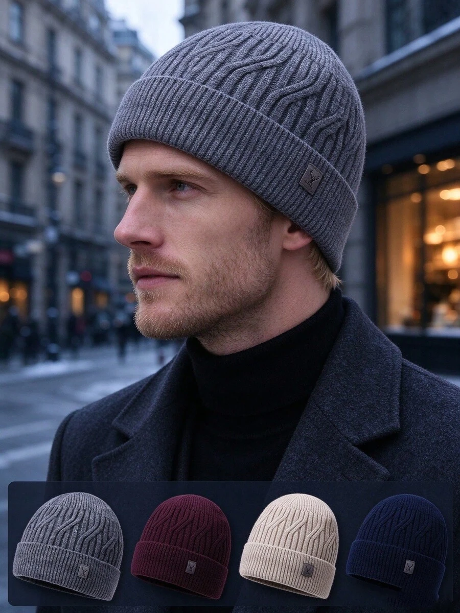 1pc Men's Winter Cable Knit Beanie Hat, Rolled Edge Woolen Cap, Outdoor Warm Elastic Cold Weather Hat, Solid Color Casual Acrylic - A - View 1