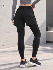 Women's Black 2-In-1 Running Shorts With Long Leggings, Drawstring Elastic Waist And Zippered Pocket For Training - Black - View 5