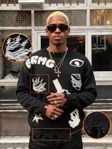BLACKTOEXIT Men's Autumn/Winter High Street Wasteland Style Distressed Raw Edge Sweater, Niche Eye & Star Pattern Pullover Top - Black - View 2
