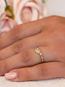 1pc 18K Gold Plated Luxury Round Cut White Gemstone Ring, Leaf Embossed Ring, Bark Texture Ring, Exquisite Holiday Party Gift For Women - Yellow Gold - View 2