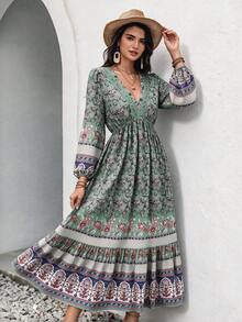 Rusttydustty Women's Vacation Style Elegant Garden Floral V-Neck Long Sleeve Dress - Green - View 1