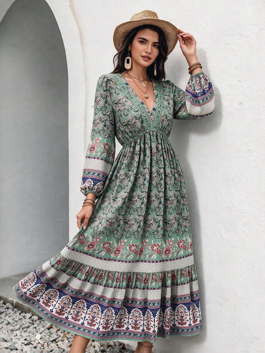 Rusttydustty Women's Vacation Style Elegant Garden Floral V-Neck Long Sleeve Dress - Green - View 1