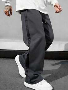 Men's Loose Wide Leg Sweatpants With Side Webbing, Elastic Waist, Comfortable Casual Long Pants For Autumn/Winter Commute And Travel, Dark Gray - Dark Grey - View 1