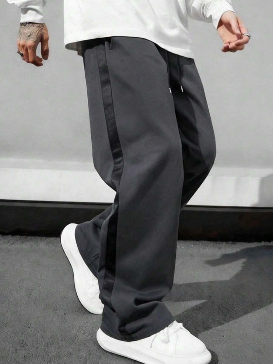 Men's Loose Wide Leg Sweatpants With Side Webbing, Elastic Waist, Comfortable Casual Long Pants For Autumn/Winter Commute And Travel, Dark Gray - Dark Grey - View 1
