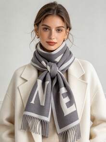 1pc Oversized Letter Jacquard Tassel Warm Scarf 195*65cm, Thick Brushed‑Polyester Faux Cashmere, Fall Winter Multi‑Use As Scarf Shawl For Travel Party - Multicolor - View 2