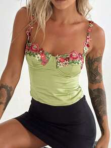 Women's Autumn Solid Color Floral Embroidered Spaghetti Strap V-Neck Boned Waist Short Fitted Satin Bustier, Y2K, Rave, Party, Birthday - Green - View 4