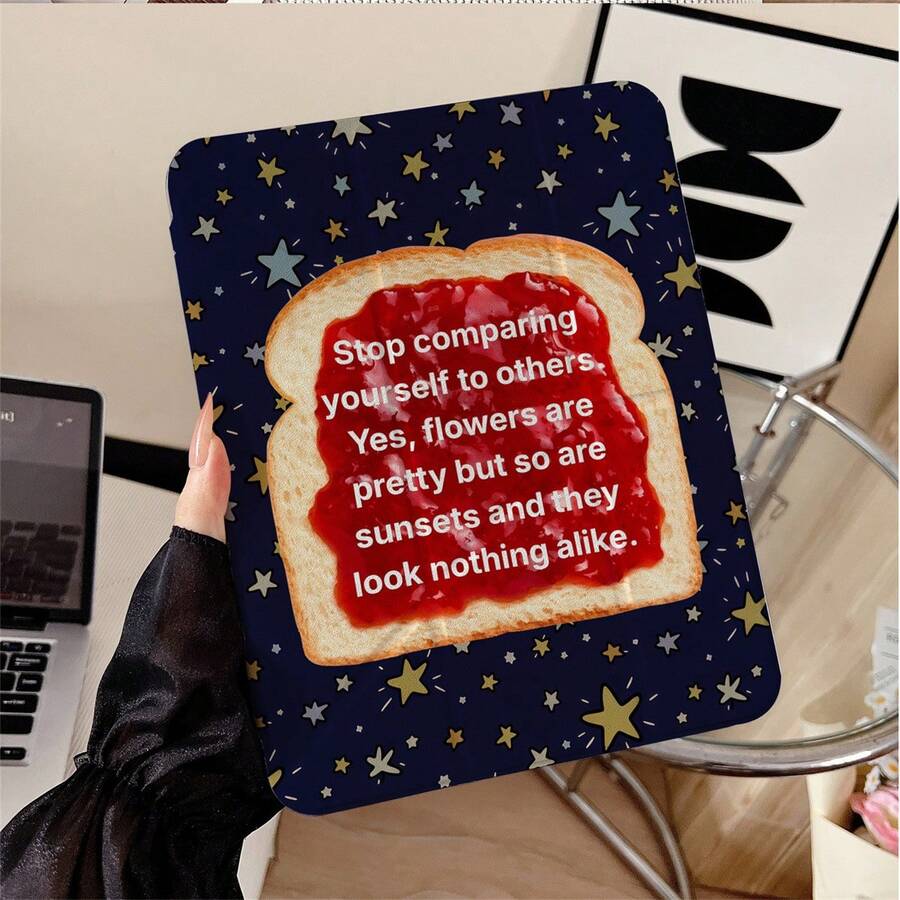 1件裝 Toast 勵志語錄星星印花三折背殼全透明平板保護殼，輕量支架防震防摔附筆槽平板保護套，相容 iPad PRO/AIR、Pad 5/6/7、Pad、MatePad、Honor Pad