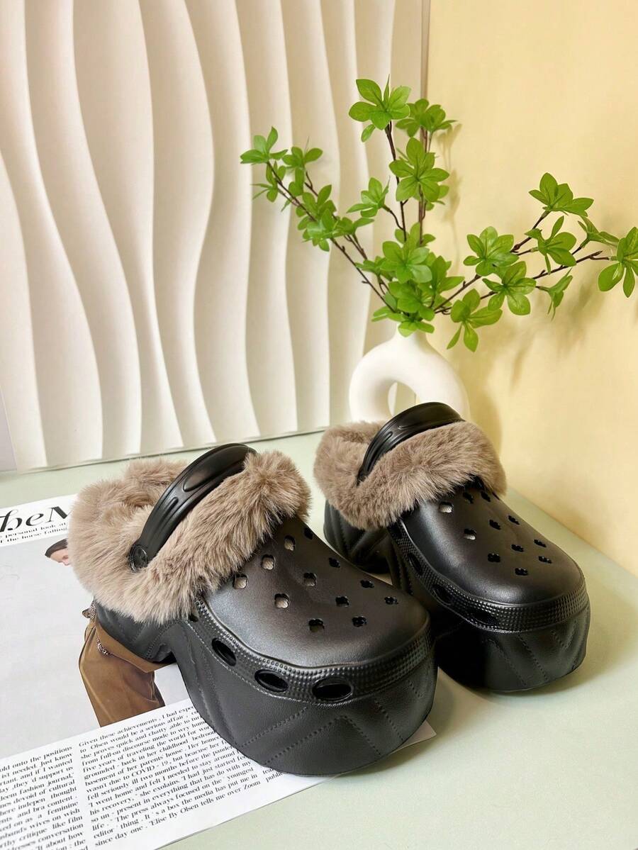 Enfärgade varma tofflor för hemmet, fluffig varm foder, tjock sula, halkfria skor, vintermjuka bekväma skor, högklackade sandaler