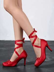 2026 Spring/Summer Women's Satin Bow Square Toe Lace-Up Ankle Strap Stiletto Heel Backless Mule High Heel Sandals - Red - View 3