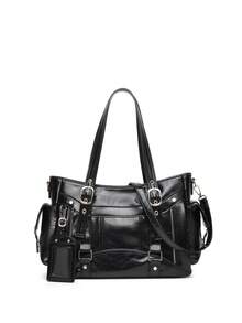 Women Retro Hardware‑Decorated Top‑Handle Handbag, Detachable Crossbody Strap Casual Multi‑Pocket Shoulder Bag - Multi-color - View 1