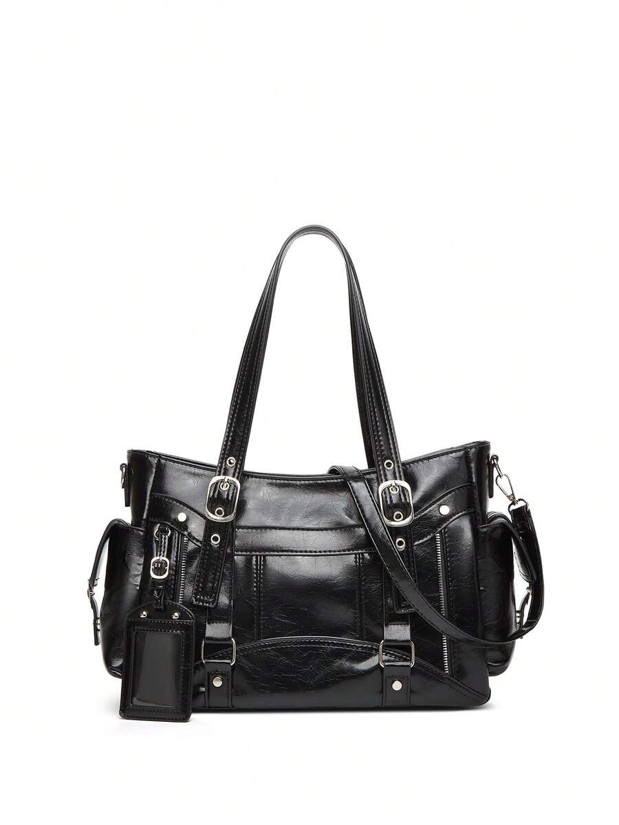 Women Retro Hardware‑Decorated Top‑Handle Handbag, Detachable Crossbody Strap Casual Multi‑Pocket Shoulder Bag - Multi-color - View 1