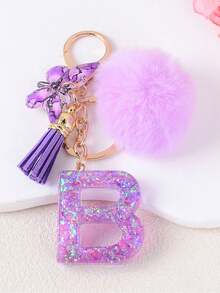 1 buah Gantungan Kunci Huruf dengan Rumbai Bola Bulu Ungu Lucu dan Liontin Gantungan Kunci Kupu-kupu, Cocok untuk Anak Perempuan, Digunakan untuk Tas Wanita, Dompet, Dekorasi Gantungan Kunci Mobil, Hadiah untuk Pacar - Purple - View 38