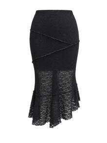 Plus Size Black Diagonal Patchwork Lace Mermaid Maxi Skirt, High Waist Sheer Ruffle Hem Bodycon Skirt - Black - View 5