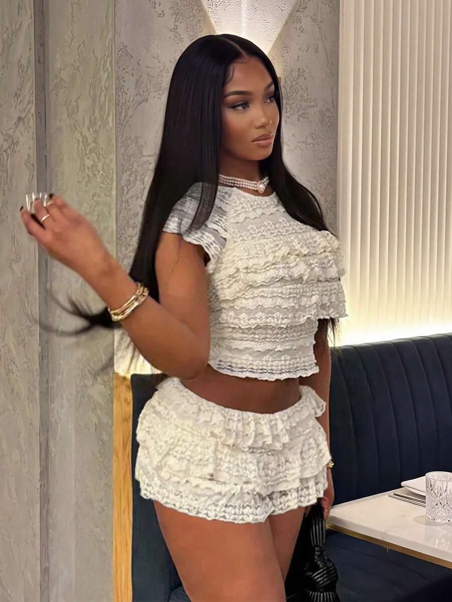 LovelyWholesale Plus Size Women'S Cute Solid Color Round Neck Short Sleeved Lace Crop Top And Cake Lace Skirt Summer - Beige - View 1