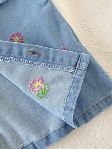 Girls' Ruffle Collar Denim 2 Pieces Set, Floral Embroidered Long Sleeve Denim Top + Denim Jeans, Casual Spring/Autumn Toddler Outfit - Medium Wash - View 6