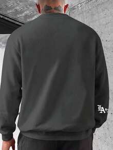 Men's Vintage LA Handwritten Script Round Neck Sweatshirt, High Street Style, Loose Fit, Long Sleeve Top With Multiple Detail Prints - Dark Grey - View 3