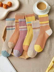 5 Pairs Random Style Women's Vintage Color Block Striped Mid-Calf Socks, Soft Comfortable Warm Casual Socks, Suitable For Autumn/Winter - Multicolor - View 10