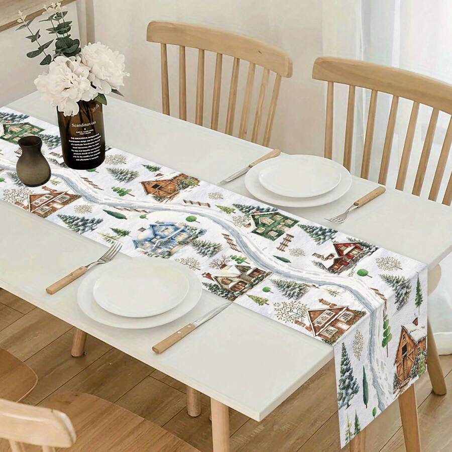 1Pc Polyester Christmas Table Runner, Winter Snow Village & Snowy Christmas Tree Print, Snow Scene House Pattern, Holiday Dining Table Decor For Christmas Party Home Room Decoration - A - View 1