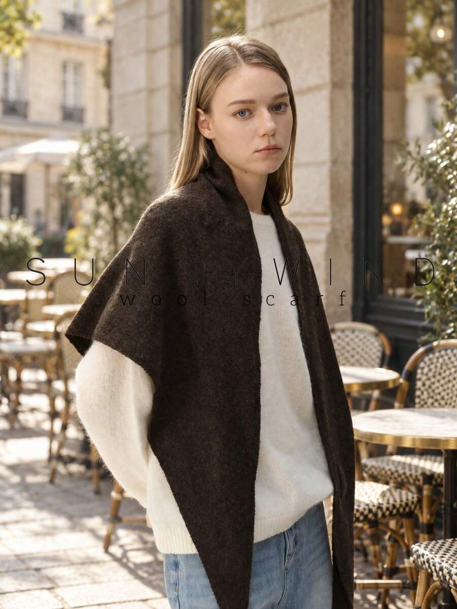 وشاح مثلث صوف محبوك بلون سادة دافئ ومتعدد الاستخدامات للنساء، كاجوال للتنقل والاستخدام اليومي في الخريف والشتاء، 1 قطعة - قهوة بني - مشاهدة 1