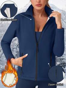 Women's Casual Full Zip 1/4 Zip Hooded Sweatshirt Jacket With Lining, 2025 Autumn Fashion Outfit - Navy Blue - View 1