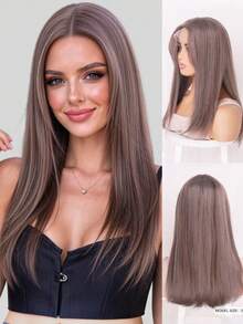 13x1 Lace Front Straight Synthetic Wig, 18 Inch Front Lace Straight Hair For Women, Black Brown Middle Part Heat Resistant Wig, Suitable For Daily And Party Wear - Multicolor - View 10