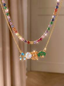 rakol 2pcs Cartoon Fairy Tale Style Colorful Zirconia Geometric Castle & Tree Fun Landscape Women Necklace Set - Set 5 - View 1