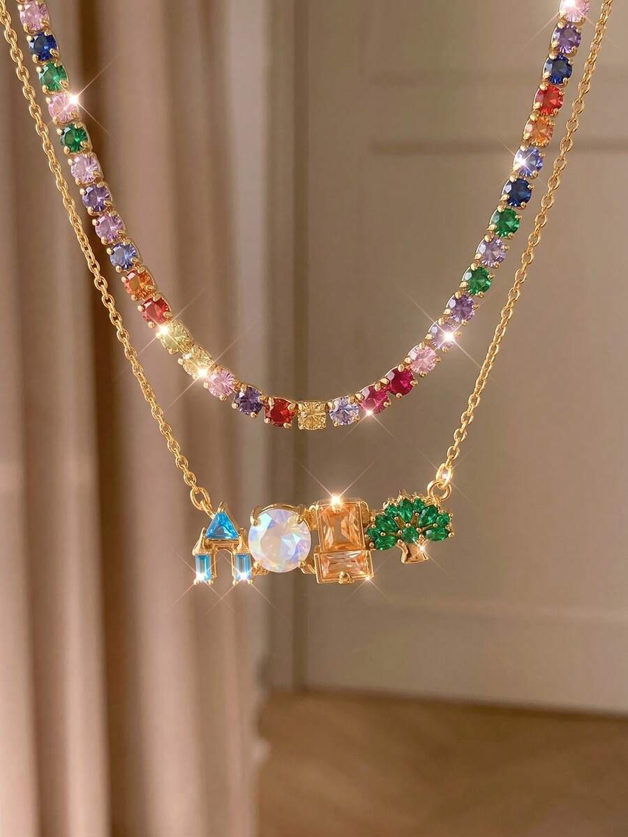 rakol 2pcs Cartoon Fairy Tale Style Colorful Zirconia Geometric Castle & Tree Fun Landscape Women Necklace Set - Set 5 - View 1