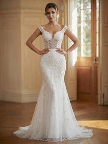 Wedding Dress, Ethereal Sheer Lace Mermaid Wedding Gown, Lace-Up Back, Sparkling Beaded Tulle Ballgown, Suitable For Wedding Guests And Evening Parties - White - View 3