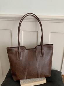 1pc Brown PU Smooth Zipper Embroidered Decor Fashion Versatile Casual Minimalist Solid Color Autumn/Winter New Elegant Niche Women's Shoulder Tote Bag, Suitable For Daily Use - Brown - View 1