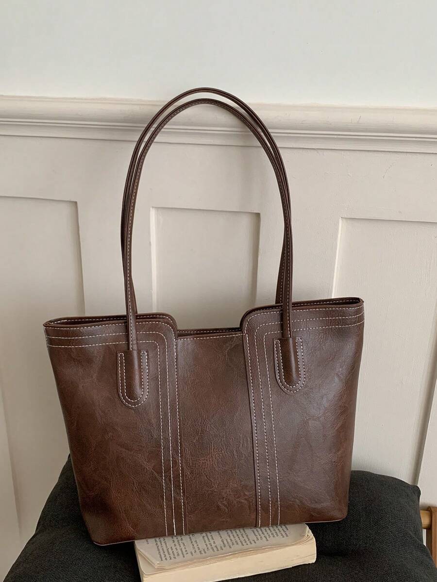 1pc Brown PU Smooth Zipper Embroidered Decor Fashion Versatile Casual Minimalist Solid Color Autumn/Winter New Elegant Niche Women's Shoulder Tote Bag, Suitable For Daily Use - Brown - View 1