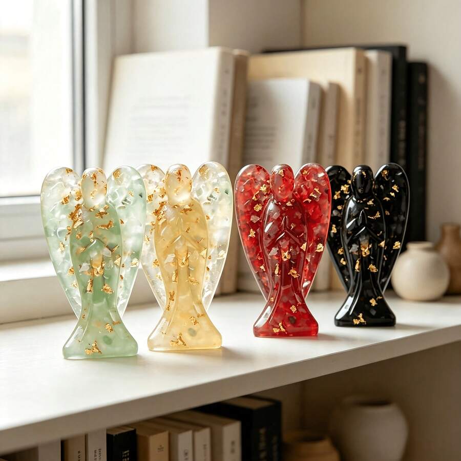 Angel Figurine, Natural Crystal Crushed Stone Resin Decor, - Multicolor - View 1