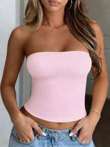 Women's Plus Size Summer Sexy Fitted Knit Tube Top Solid Color Pink - Pink - View 11