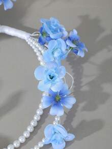 1pc Blue & White Lily Flower Ring Pearl Tassel Bouquet, Elegant Bridal Wedding Ceremony Photography Prop - Baby Blue - View 8