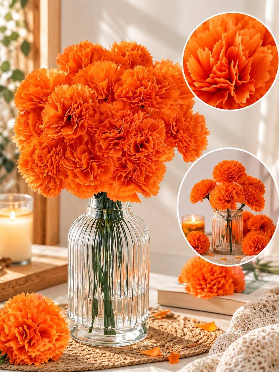10 peças de flores artificiais de calêndula, calêndulas de seda com ...