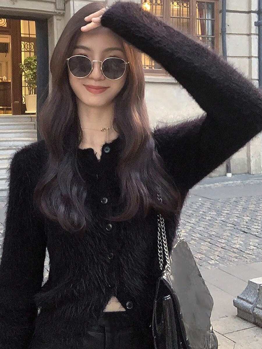 Alicedudu 休闲纯色蓬松针织开衫 - 黑色 - 查看 1