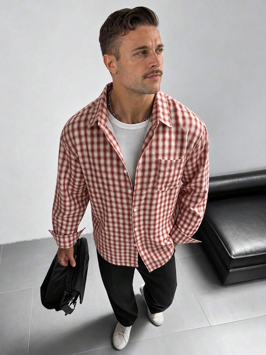 GloMan Men's Red Plaid Button-Up Long Sleeve Shirt With Chest Pocket, Warm For Autumn, Suitable For Office Commute, Family Gathering, Business, Party, Gift For Husband/Father - Red - View 1
