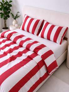 3-Piece Minimalist Orange Striped Bedding Set Queen Size - Ultra Soft Polyester Duvet Cover Series - Lightweight Soft Breathable Bedding (Queen, Orange) - Red - View 5