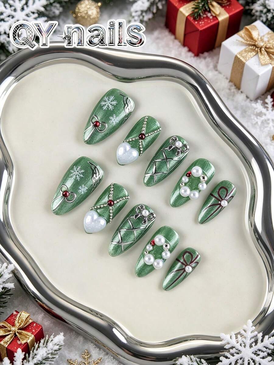 10pcs/Set Handmade Press On Nails,Almond-Shaped Nails ,3D Nails,Medium ...