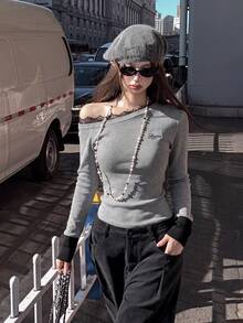 Grey Lace Patchwork Ruffle Asymmetrical Shoulder Long Sleeve Knit Sweater Women Autumn/Winter Design Letter Embroidery Top - Light Gray - View 3
