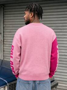 BLACKTOEXIT Men's Pink Contrast Color Crew Neck Sweater, Cartoon Tennis Character Jacquard Sleeve Letter Loose Casual Knit Pullover - Pink - View 4
