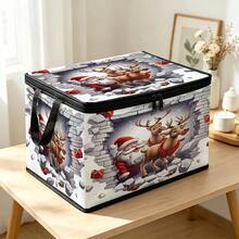 1PC Santa & Reindeer Breaking Wall Print Storage Box With Handles, Large Capacity Zipper Organizer For Closet & Under Bed - Multicolor - View 7