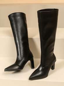 2026 Autumn/Winter New Vintage Pointed Toe Knee-High Slimming Riding Boots For Women - Black - View 7