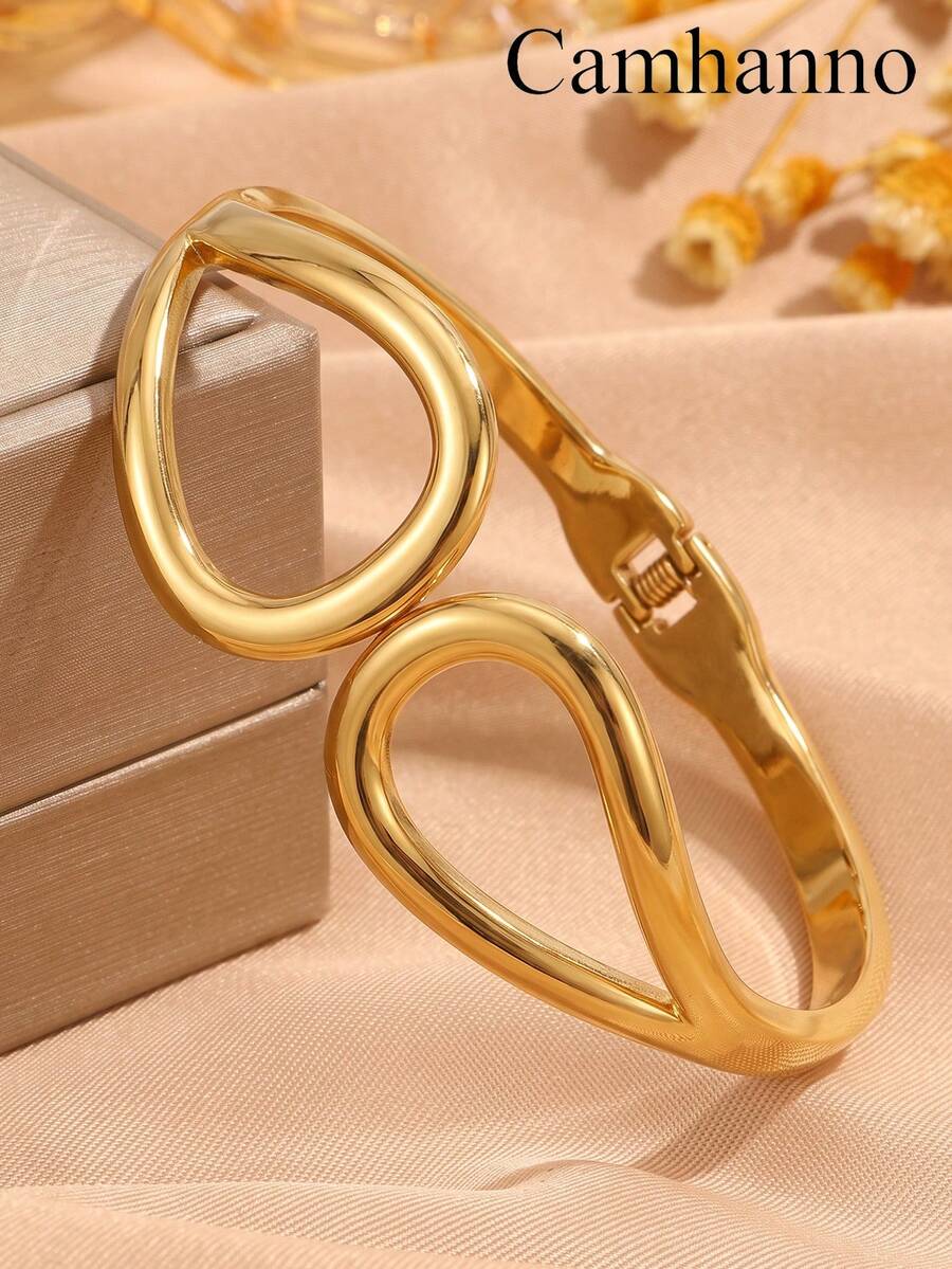 Camhanno 1pc Women's Geometric Double Circle Spring Bracelet - Stainless Steel With 18K Gold Plated , Simple And Premium Everyday Accessory - Multicolor - View 1