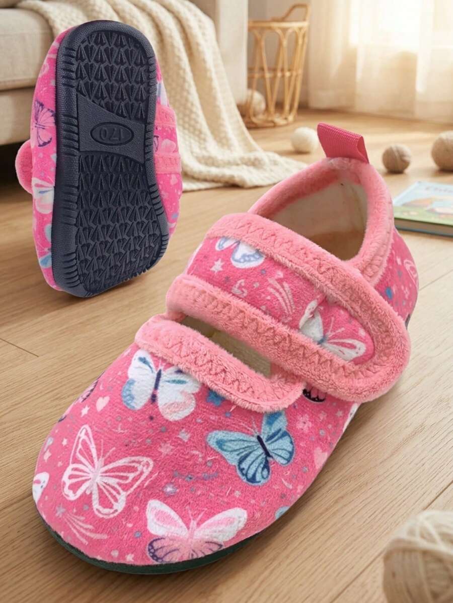 Girls' Indoor Slippers Socks Shoes, Lightweight Soft Rubber Sole, Warm And Comfortable For Autumn/Winter, Pink Butterfly Hook-And-Loop, For Toddlers And Middle Children