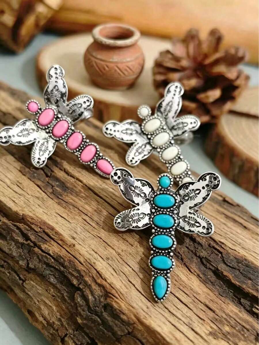Bohemian Vintage Distressed Turquoise Dragonfly Ring, Suitable For Women's Daily Casual, Gathering, Vacation, Dating, Back To School Outfits - Dragonfly - View 1