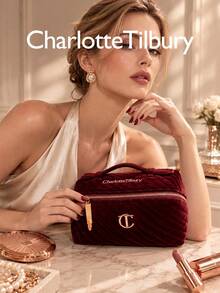 Charlotte Tilbury L Size 20*11*11cm Portable Travel Makeup Bag, Soft Velvet Quilted Cosmetic Storage Bag, Zipper Large Capacity Makeup Organizer, Suitable For Complete Makeup Set - Burgundy - View 6