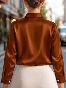 Plus Size Women's Fashion New Arrival Casual Satin Button-Up Shirt Spring Brown - Brown - View 2