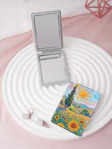 1PC Van Gogh Series Portable Vanity Mirror, Foldable Lightweight Ultra-Thin Hand Mirror, PU Leather, Suitable For All People And Multiple Occasions, Rectangular Pocket Mirror, Classic Abstract Sunflower, Sun, Architecture, Mountain Pattern Design, Exquisite And Delicate, Convenient To Carry, Handheld Makeup Mirror, 180° Flip Cover, Multi-Functional - Multicolor - View 2